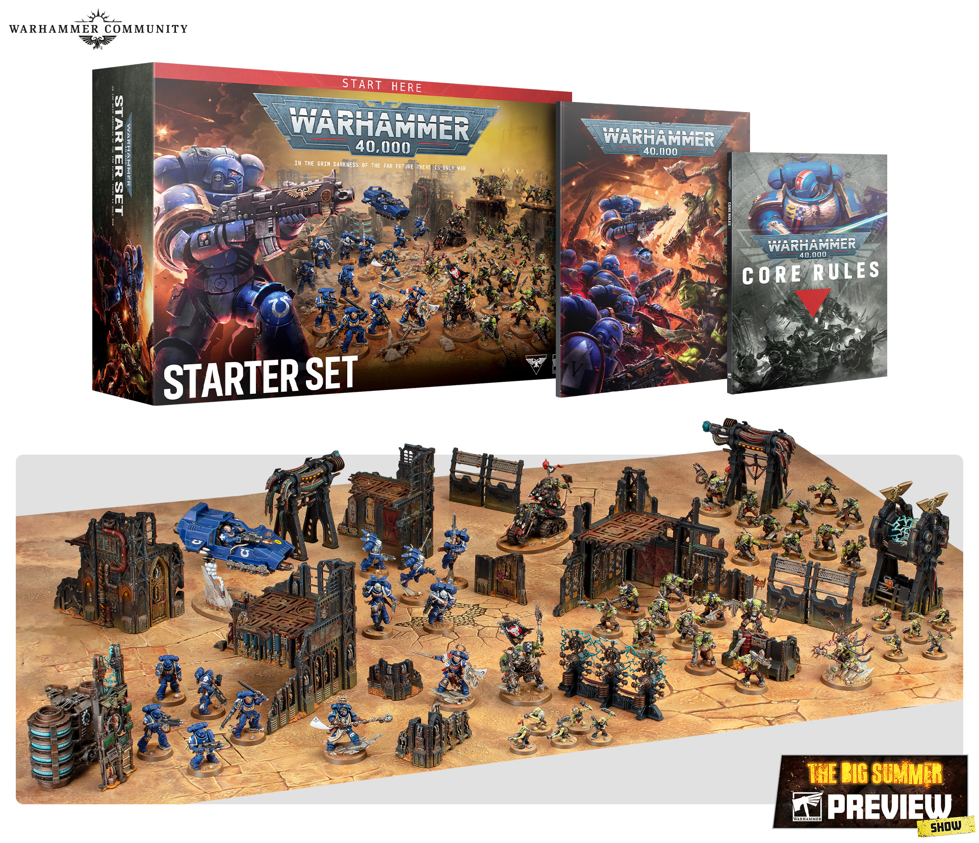 Conteúdo do novo Conjunto Inicial de Warhammer 40.000 com miniaturas, terreno, livros e tabuleiro