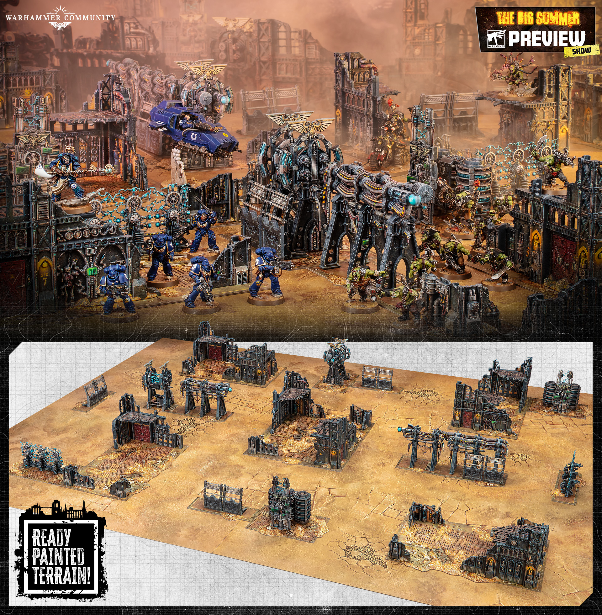 Campo de batalha com tema de Armageddon montado com terreno pré-pintado