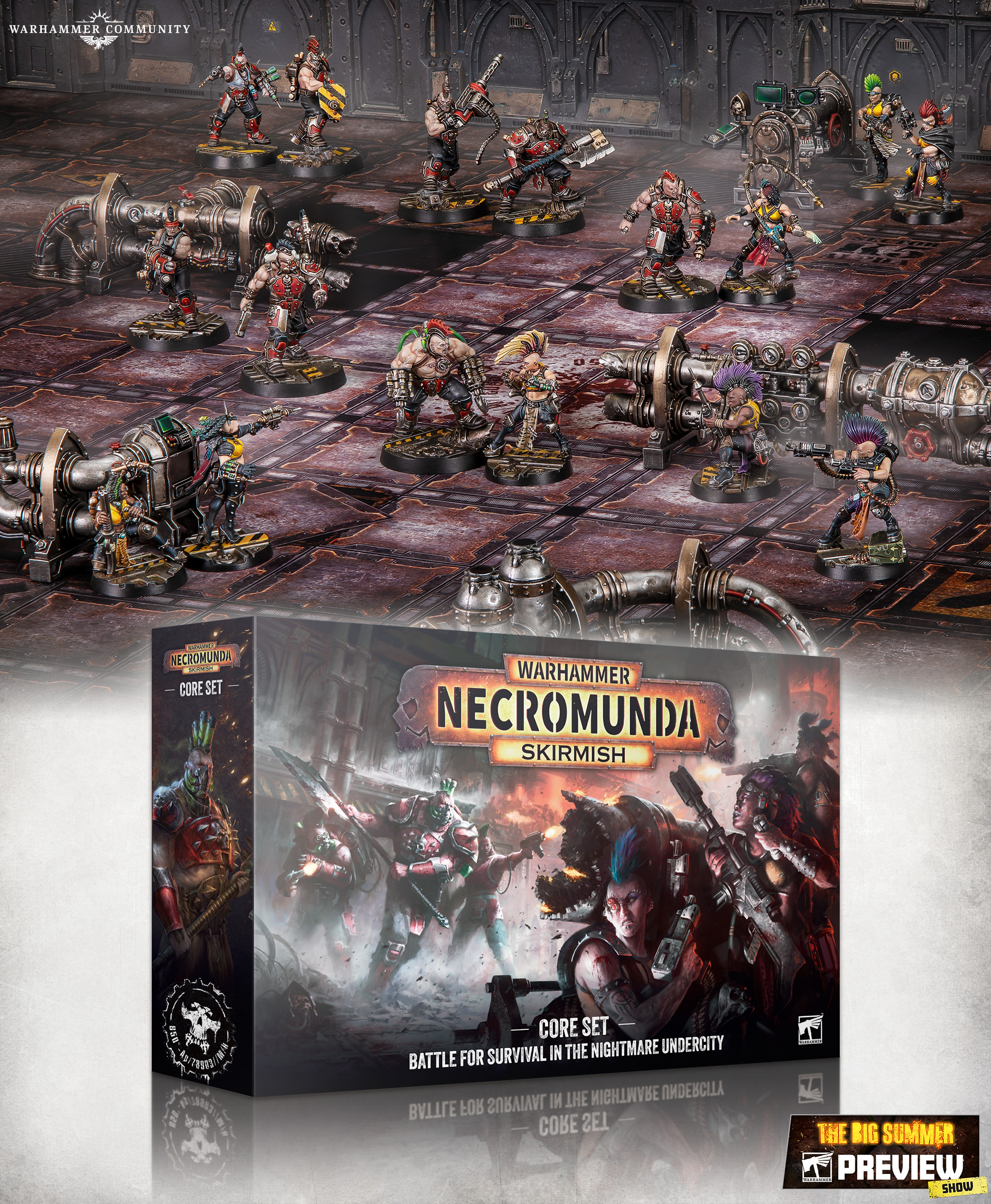 Caixa do conjunto básico da nova edição de Necromunda, com as gangues Escher e Goliath