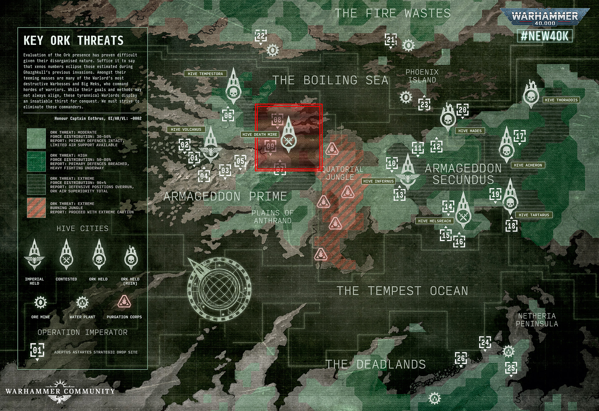 Mapa estratégico de Armageddon mostrando as principais ameaças Ork, com a colmeia Pântano da Morte destacada em Armageddon Prime