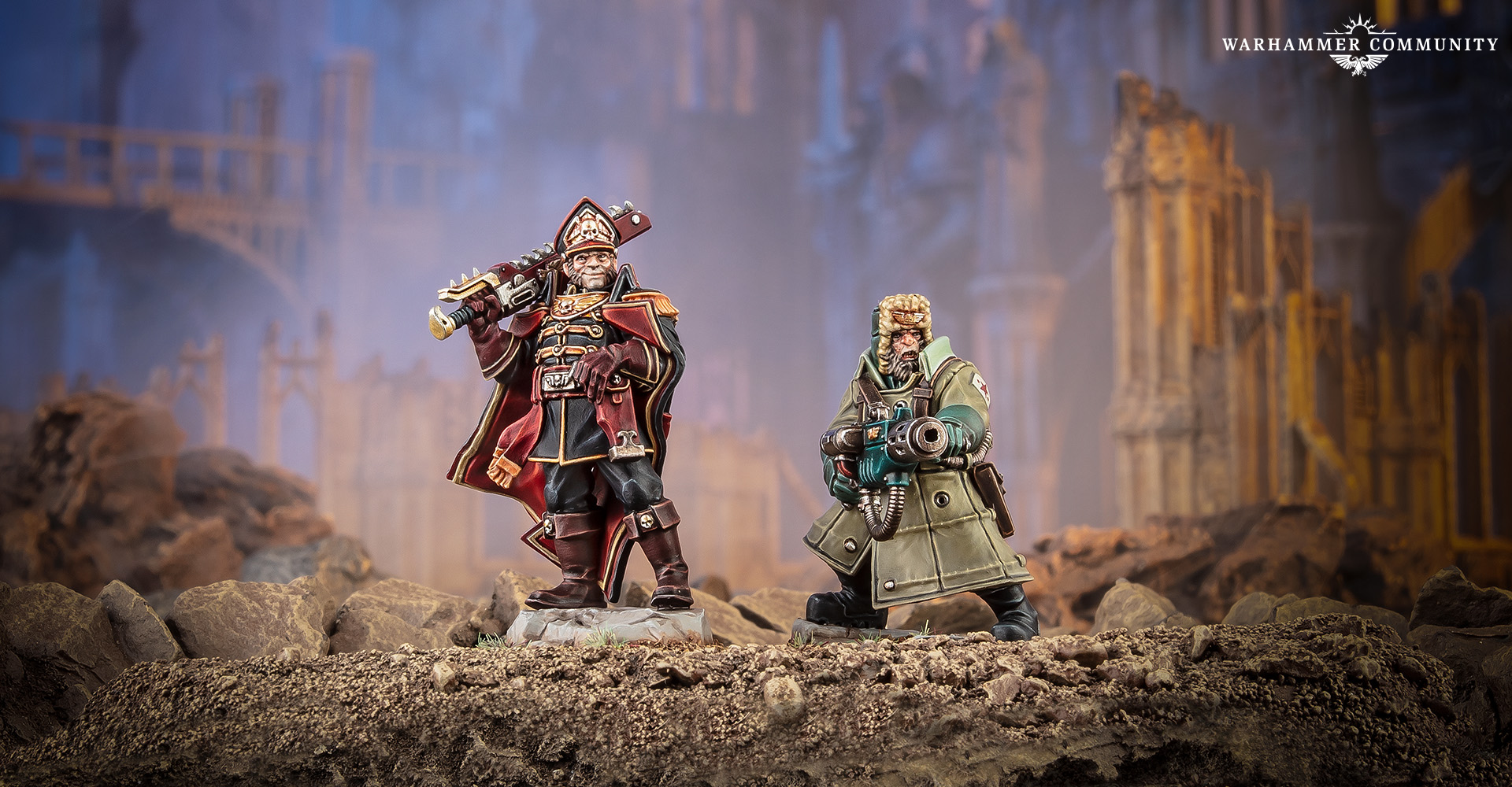 Miniaturas de Ciaphas Cain e Jurgen em terreno de ruínas