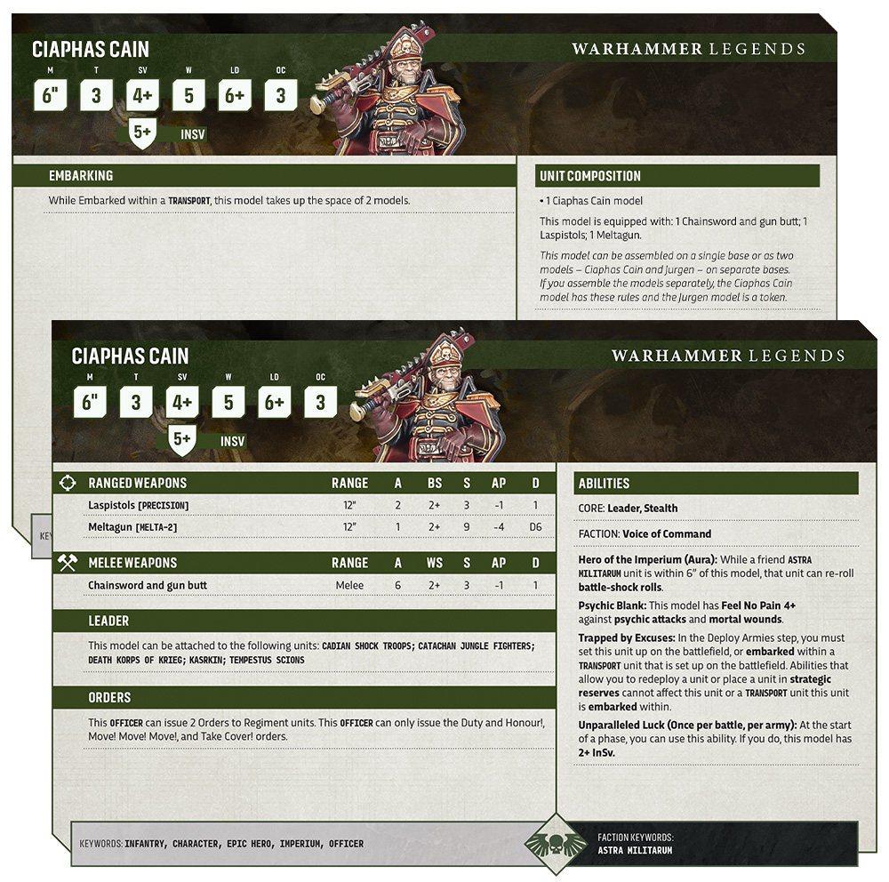 Ficha de regras do Comissário Cain para Warhammer 40.000 (Warhammer Legends, Astra Militarum)