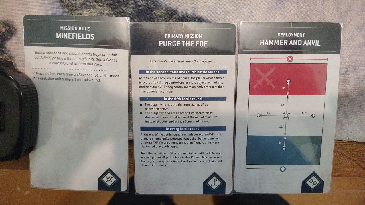 Cartas da partida: missão Purge the Foe, regra Minefields e implantação Hammer and Anvil