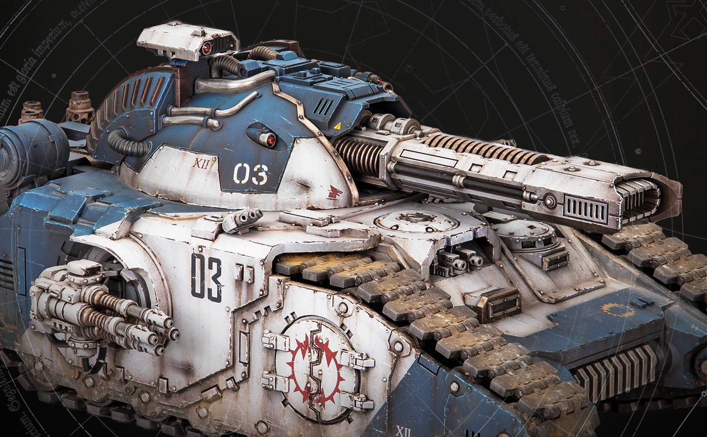Cinco carros de combate super-pesados das Legiones Astartes pintados pelo Estúdio Warhammer