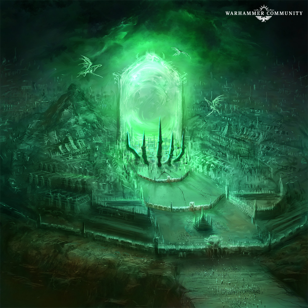 Portal necromântico verde erguendo-se sobre uma vasta necrópole no Reino da Morte