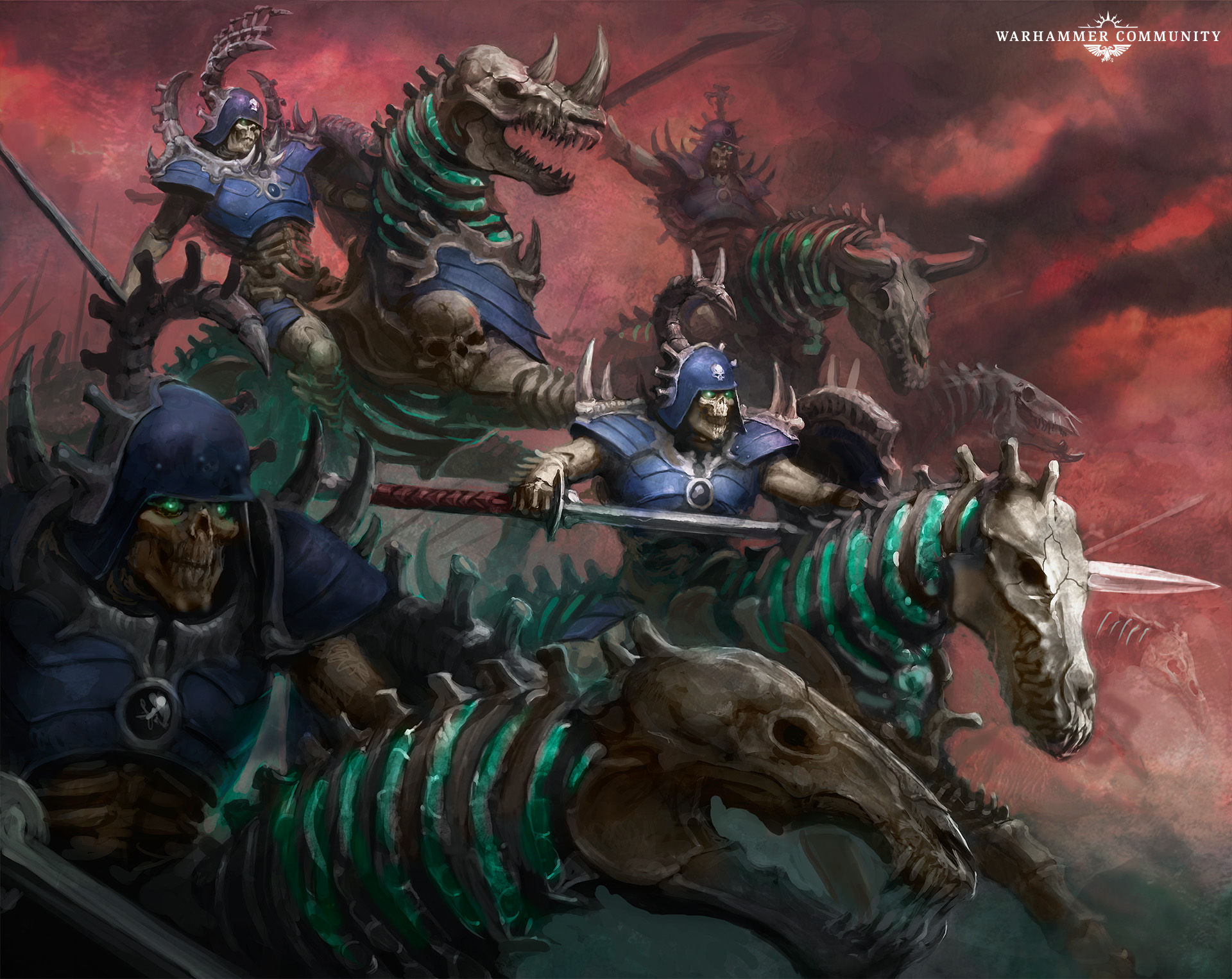 Cavaleiros Kavalos dos Ossiarcas Ceifa-Ossos cavalgando montarias de osso sob um céu avermelhado