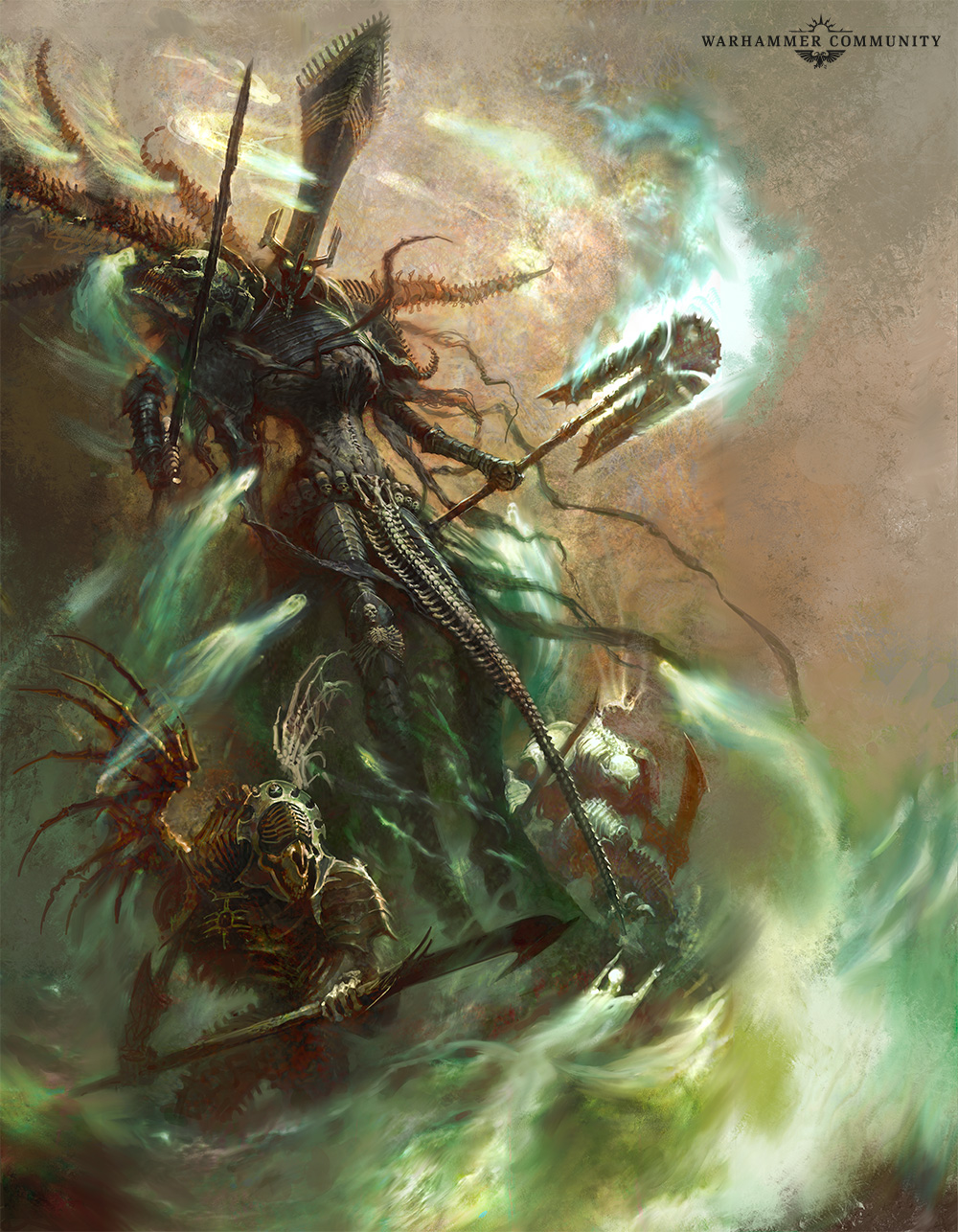 Imponente senhor dos Ossiarcas Ceifa-Ossos brandindo um cajado de energia necromântica verde, com um guerreiro esquelético a seus pés
