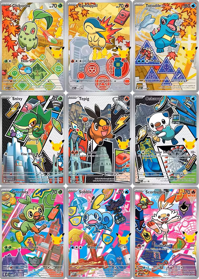 As nove cartas promocionais da First Partner Series 2: trios de Johto, Unova e Galar